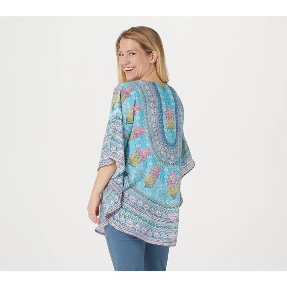 Tolani Narissa Boho Caftan Tunic Top Small Aqua Blue Pink Floral - Picture 5 of 8